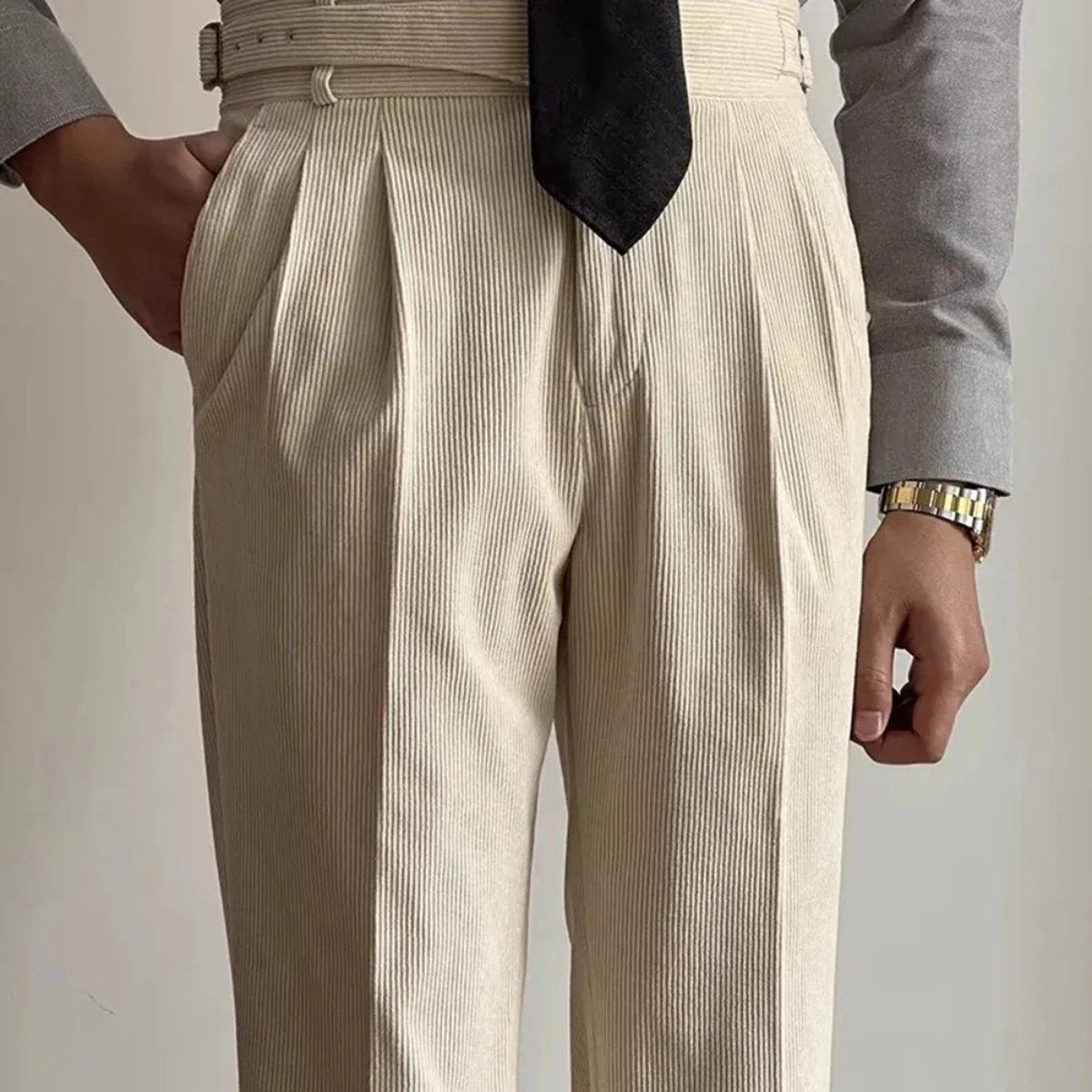 The Oakwood Men’s High Waisted Plated Corduroy Pants with Side Adjusters