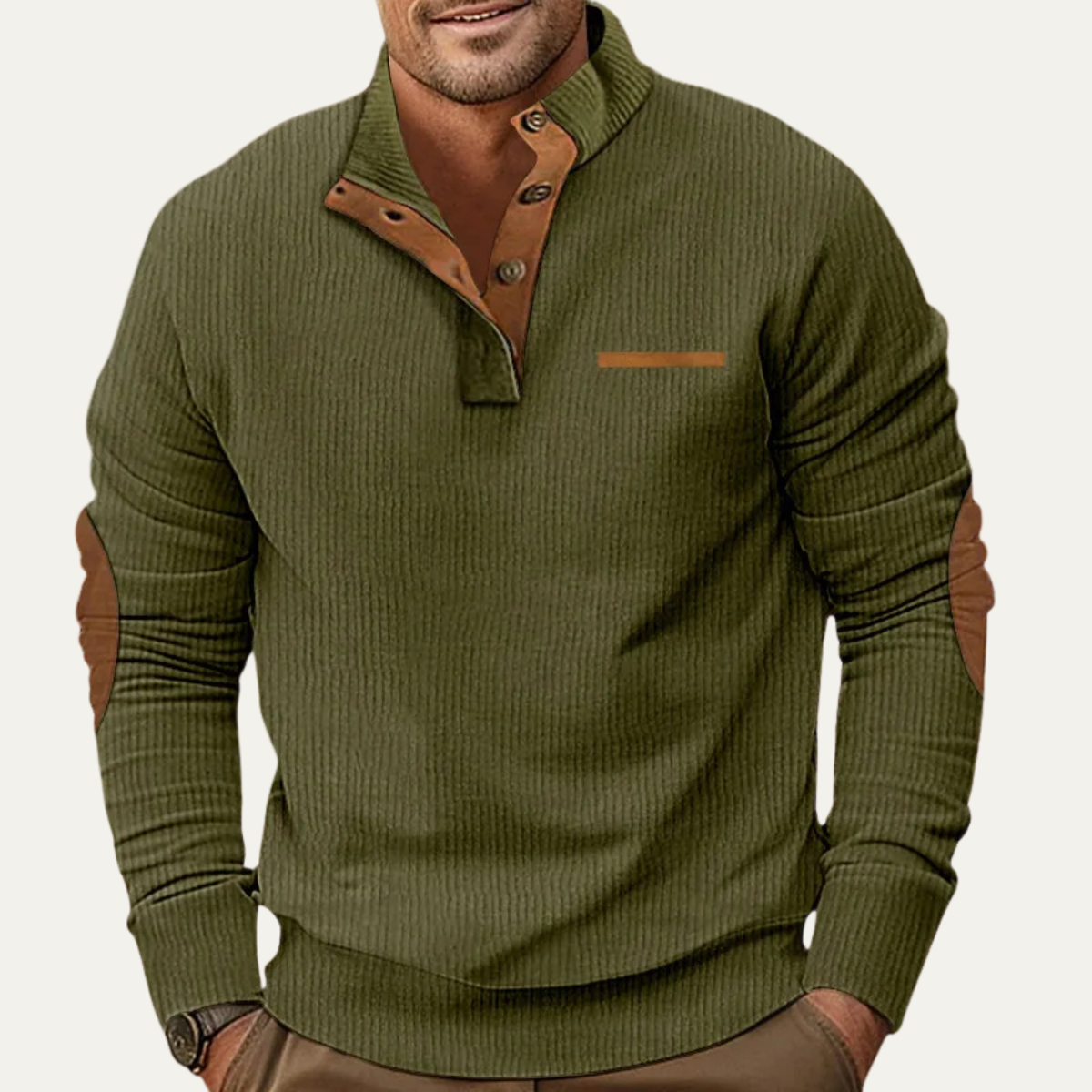 The Timberhill Men’s Retro Corduroy Button Neck Sweater with Patch Details