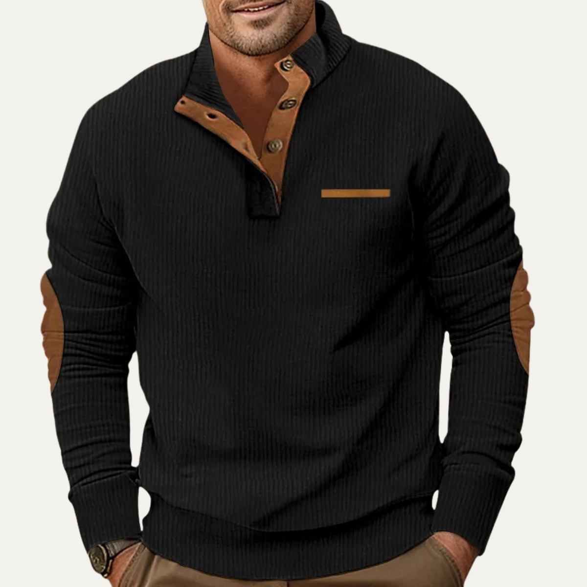 The Timberhill Men’s Retro Corduroy Button Neck Sweater with Patch Details