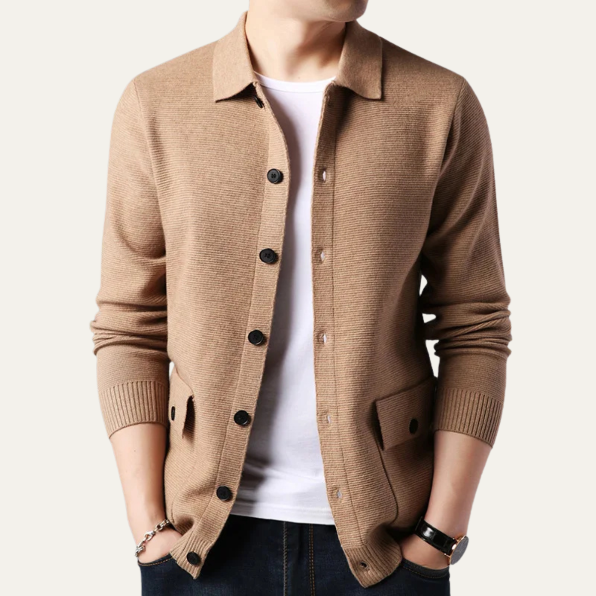 The Skye Men’s Knit Button Front Cardigan with Turn Down Collar