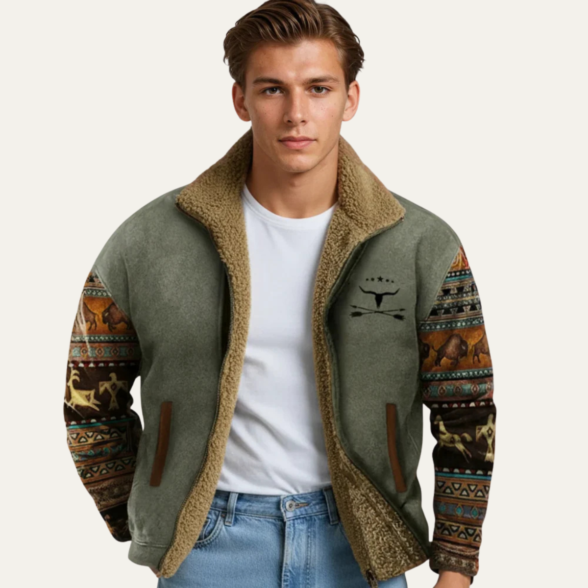 The Maddison Men’s Vintage Warm Sherpa Lined Winter Coat with Patterned Sleeves