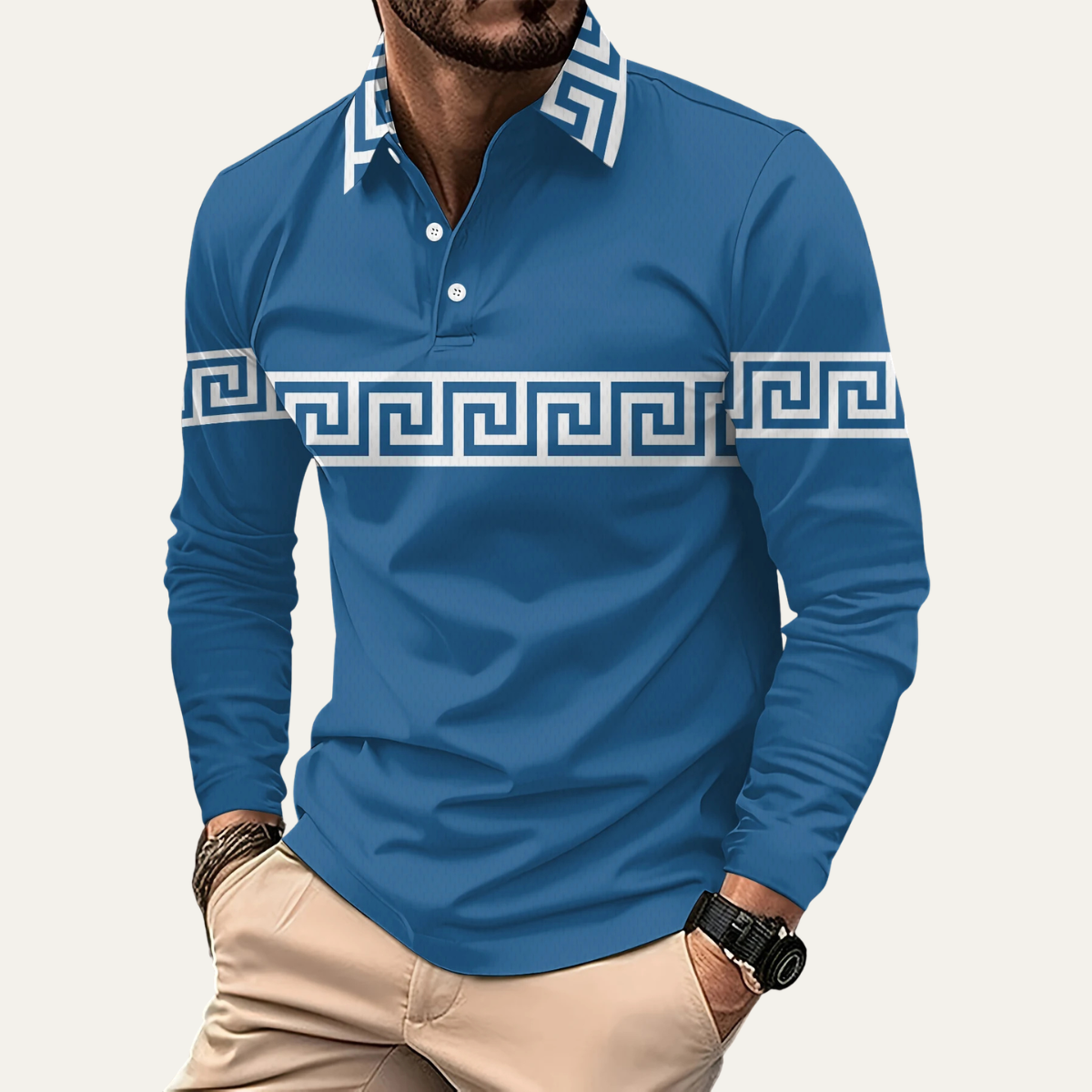 The Canazei Men’s Greek Key Print Casual Lightweight Polo Shirt