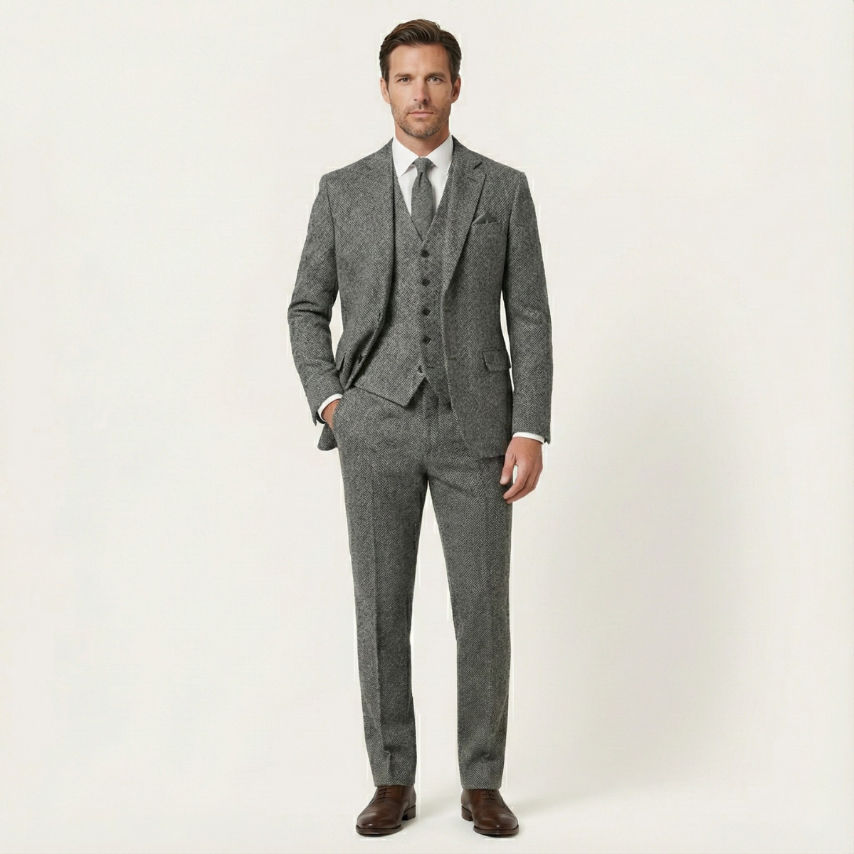 The Norwood Men’s Tweed 3 Piece Suit – Slim Fit Herringbone Jacket, Vest & Pants