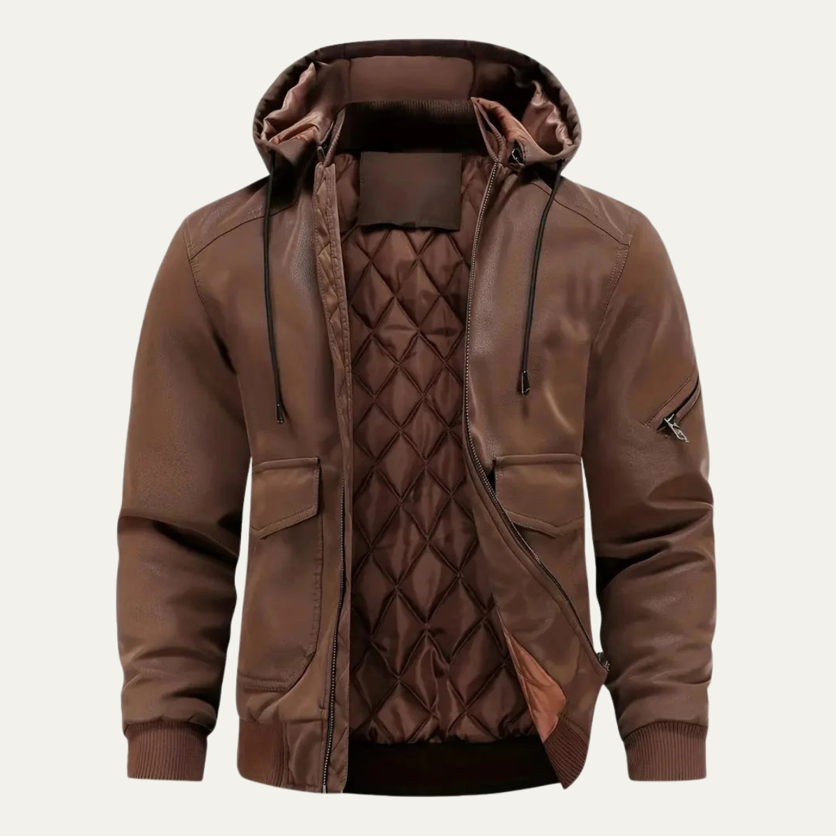 The Waldorf Men’s Brown Leather Puffer Jacket – Luxury Winter Coat with Hood