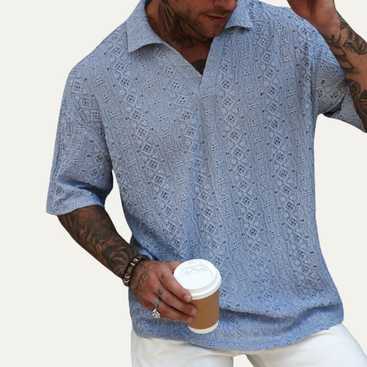 The Brookstone Men’s Crochet Knit Short Sleeve Polo Shirt – Light Blue