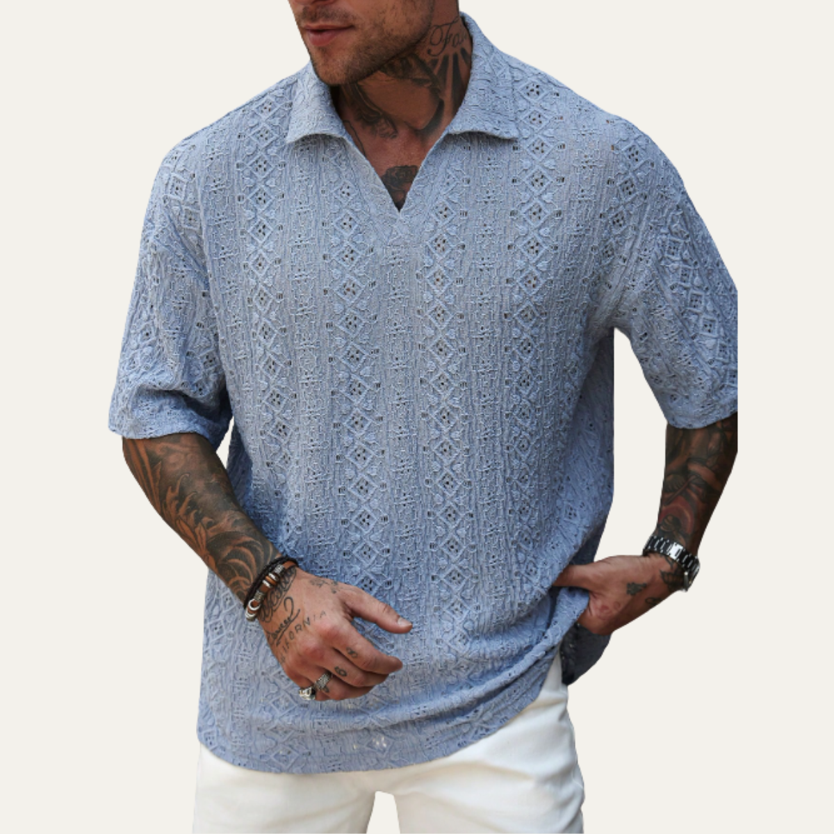 The Brookstone Men’s Crochet Knit Short Sleeve Polo Shirt – Light Blue