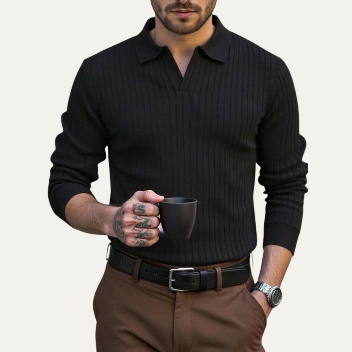 The Ironcrest Hill Men’s Casual Long Sleeve Ribbed Knit Polo Shirt