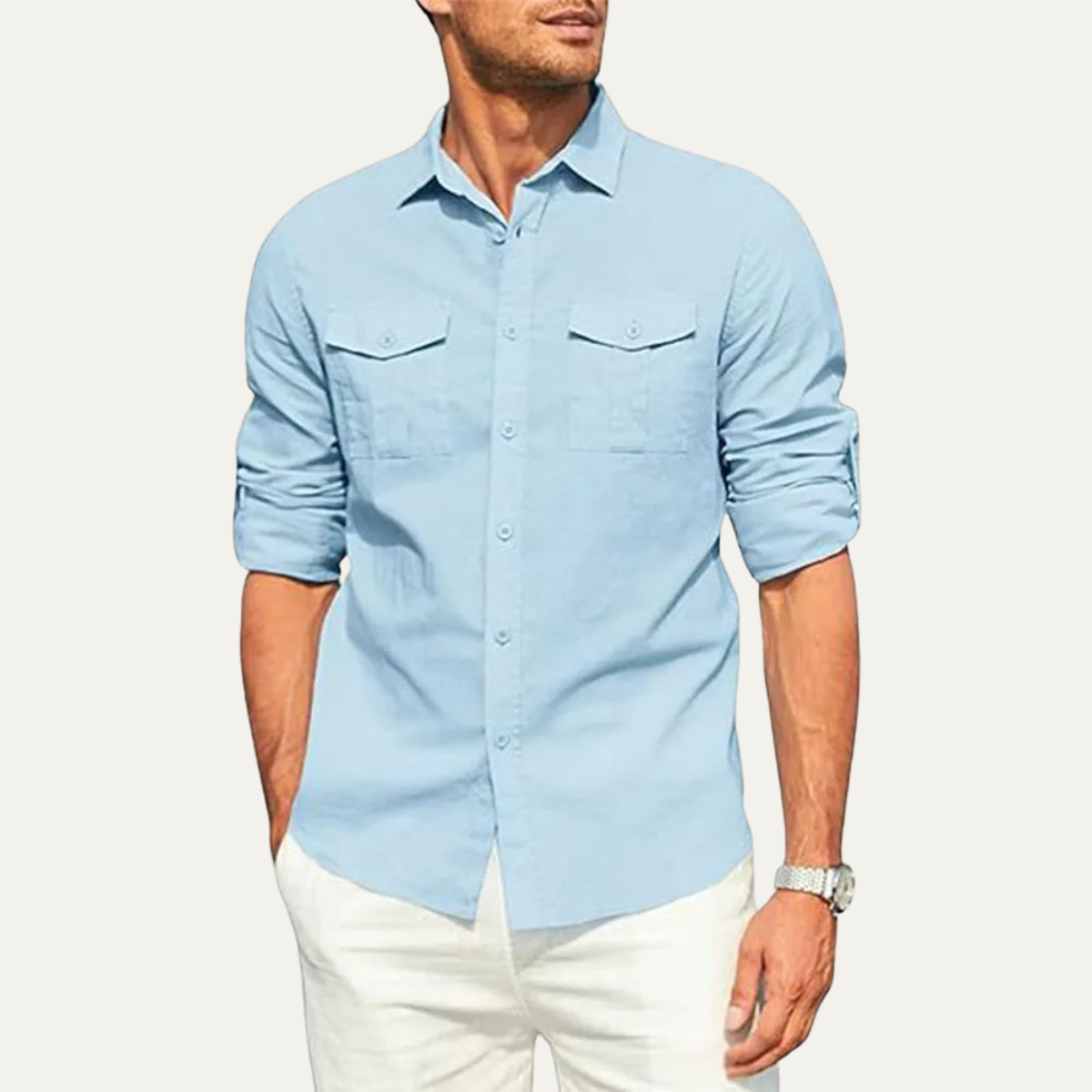 The Riccione Men’s Cotton Linen Double Pocket Button Up Cargo Shirt