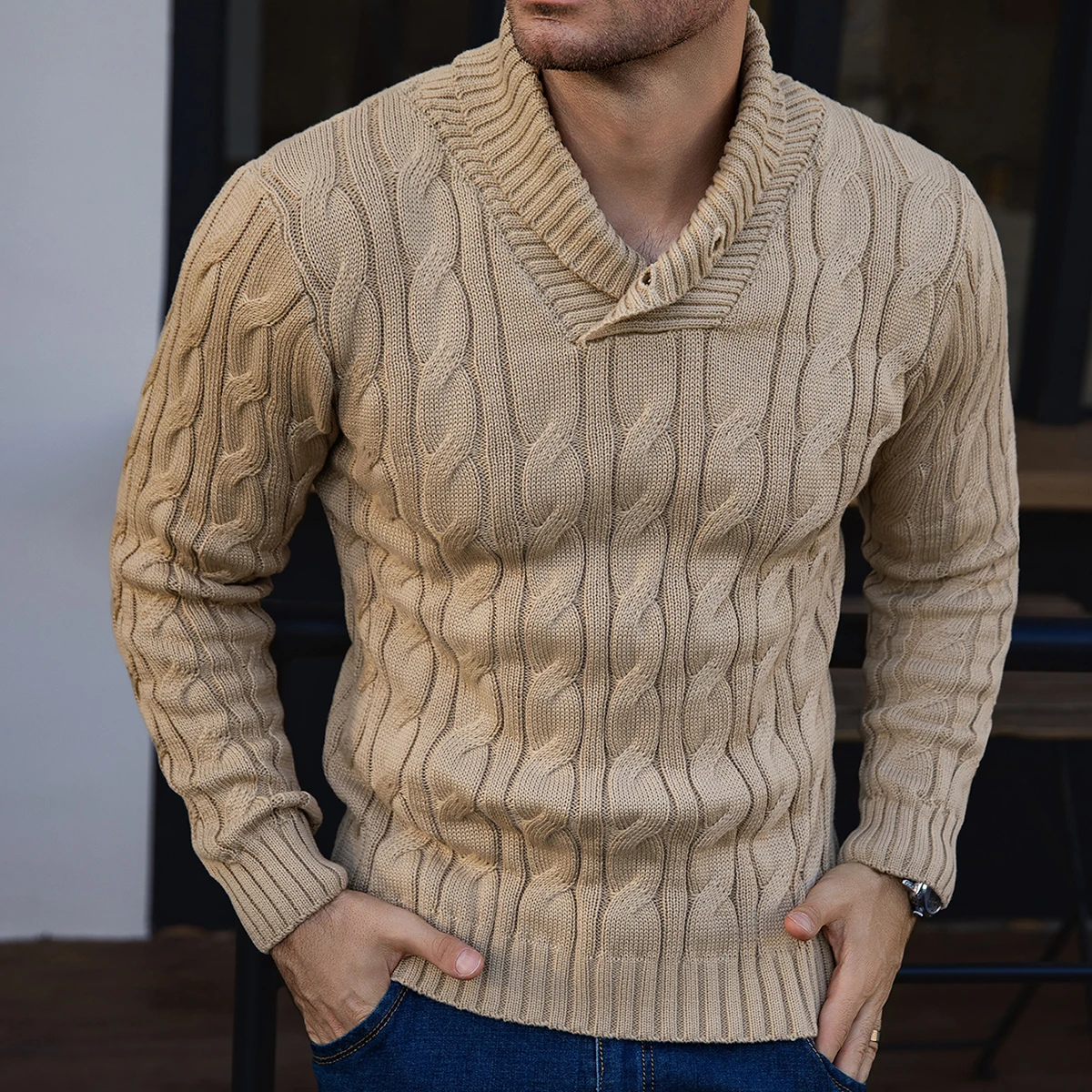 The Bevagna Men’s Cable Knit Shawl Collar Button Neck Sweater