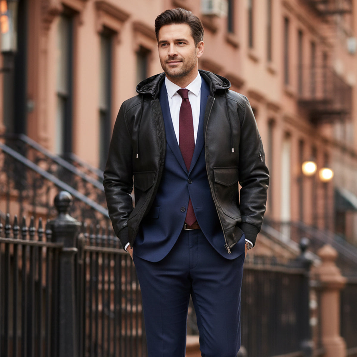 The Waldorf Men’s Brown Leather Puffer Jacket – Luxury Winter Coat with Hood