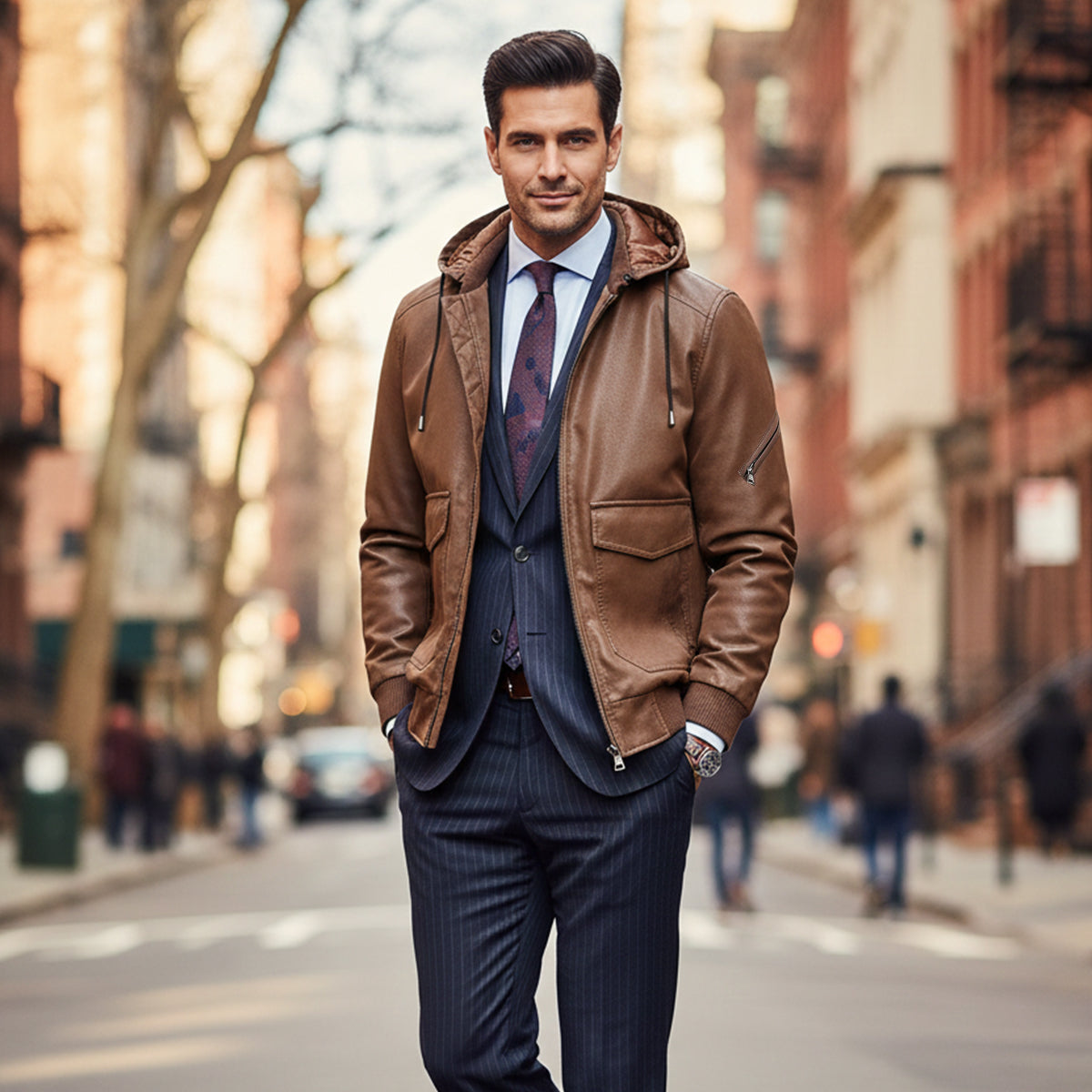 The Waldorf Men’s Brown Leather Puffer Jacket – Luxury Winter Coat with Hood