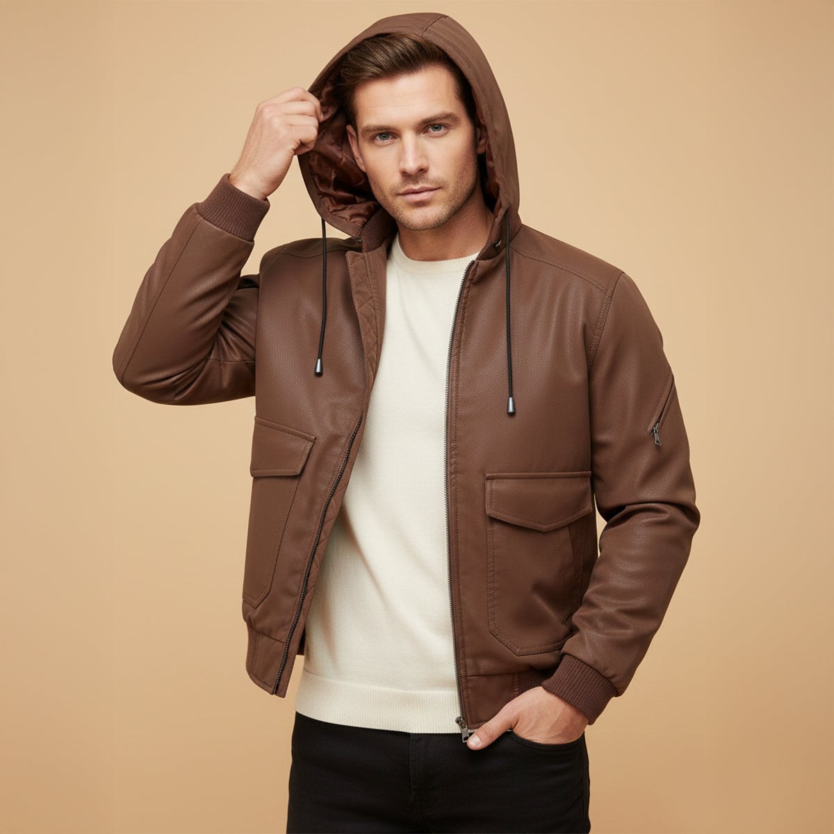 The Waldorf Men’s Brown Leather Puffer Jacket – Luxury Winter Coat with Hood