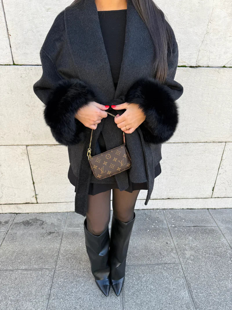Women's Fur Cuff Wrap Coat – Elegant Belted Poncho Winter Jacket