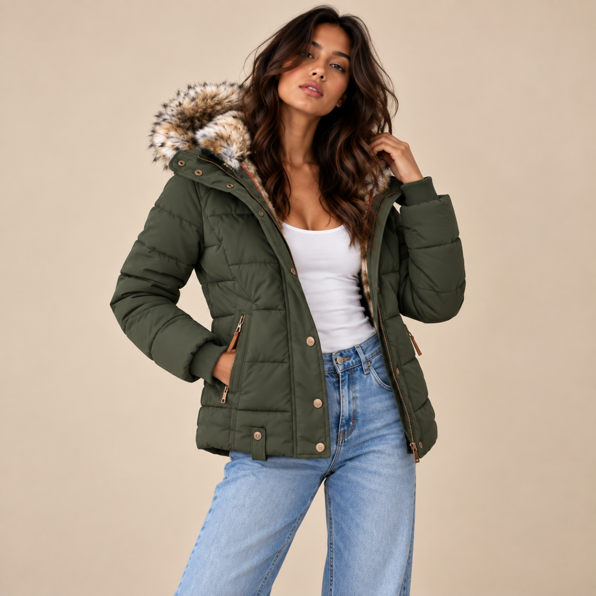 Women's Faux Fur Hooded Winter Jacket – Warm Quilted Puffer Coat
