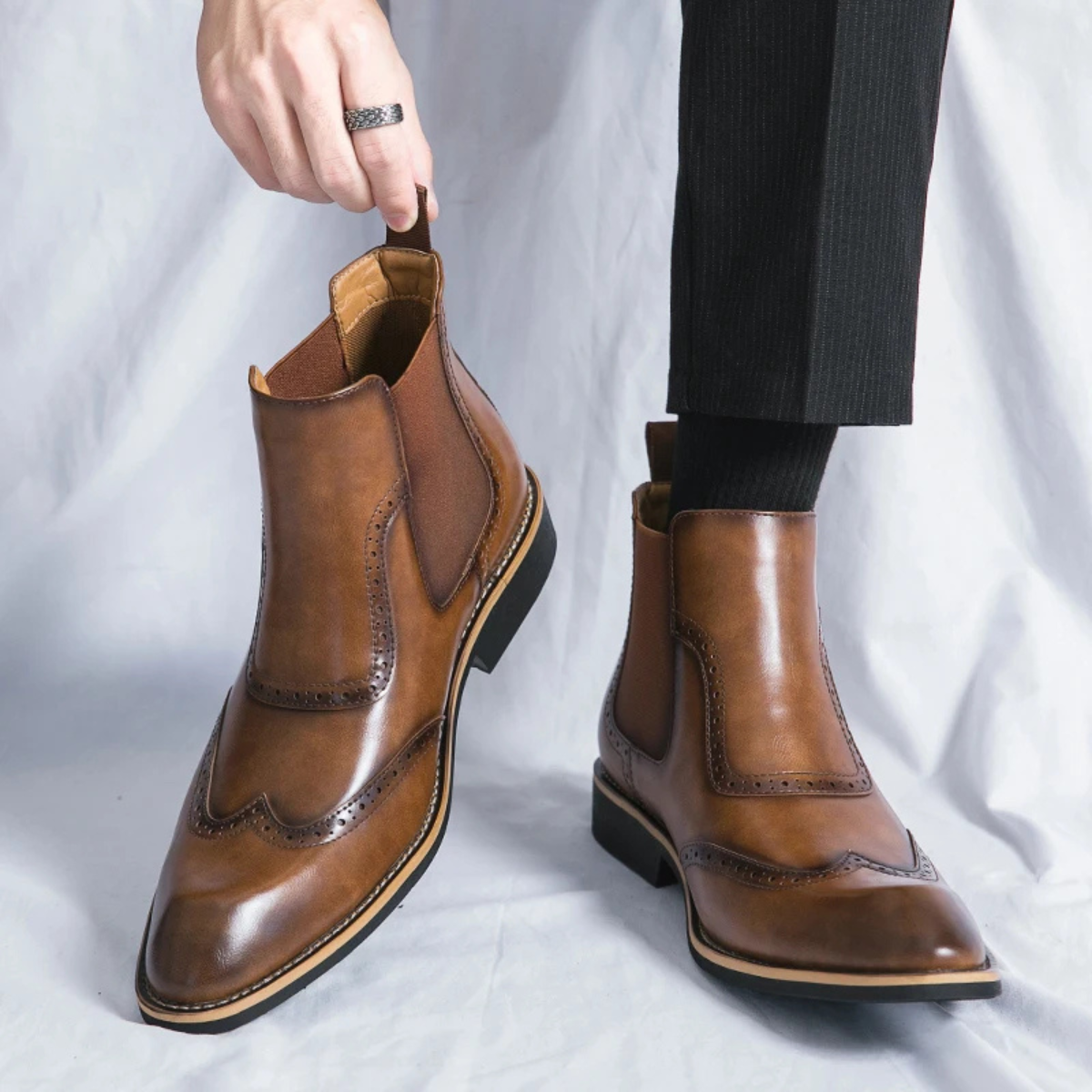 The Gravedona Men’s Leather Brogue Chelsea Dress Boots