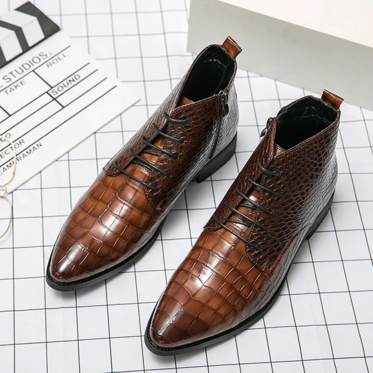 The Orvieto Men’s Crocodile Pattern Leather Ankle Boots - Brown