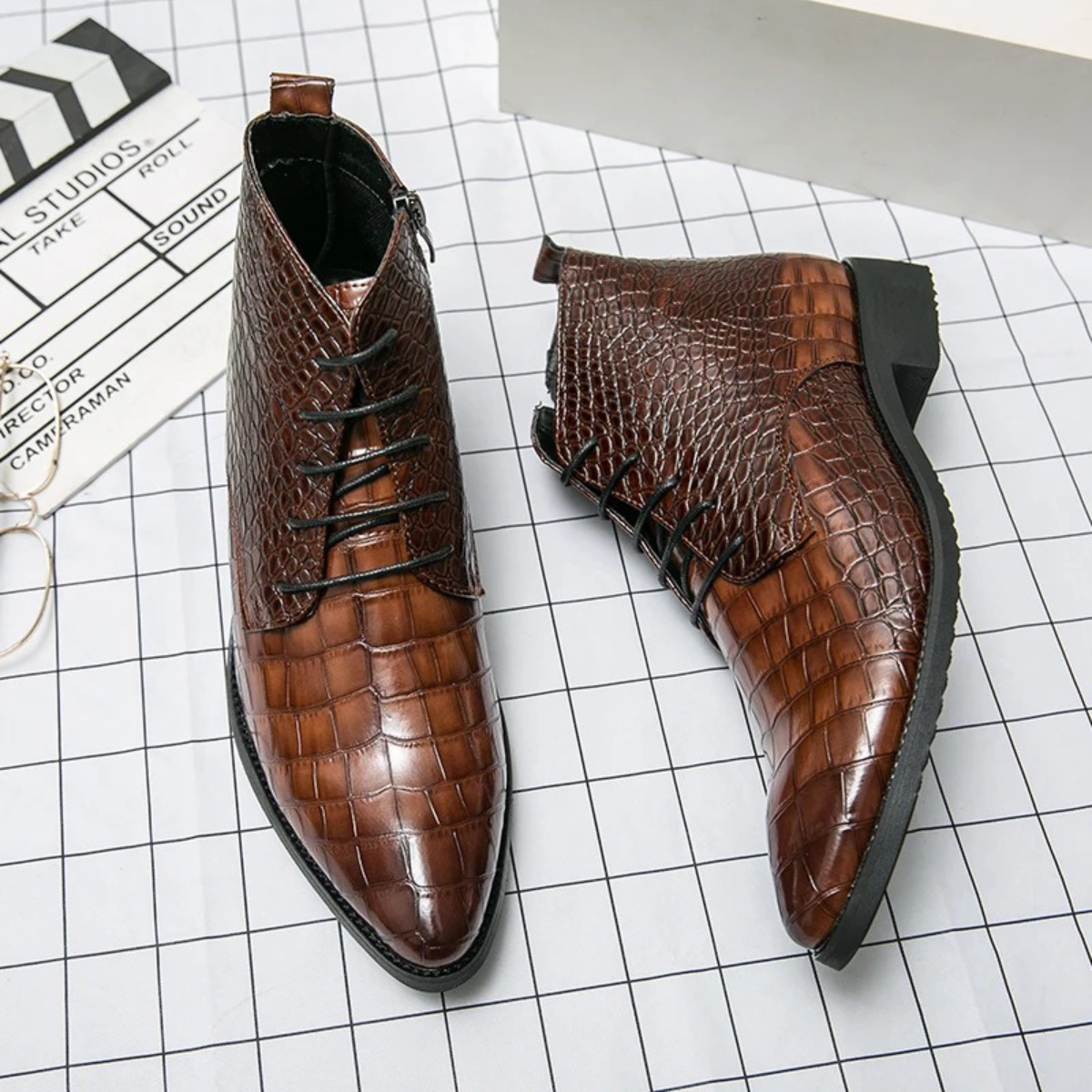The Orvieto Men’s Crocodile Pattern Leather Ankle Boots - Brown