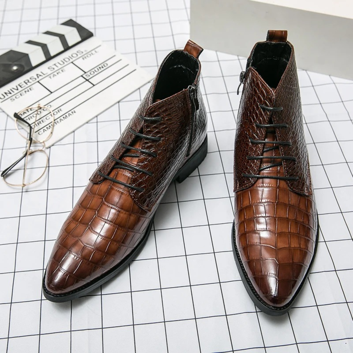 The Orvieto Men’s Crocodile Pattern Leather Ankle Boots - Brown