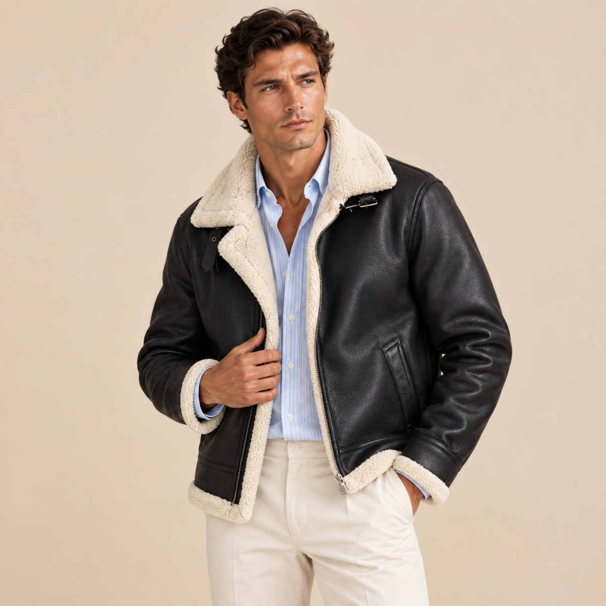 Men's Sherpa Lined Leather Jacket Black Cream Collar