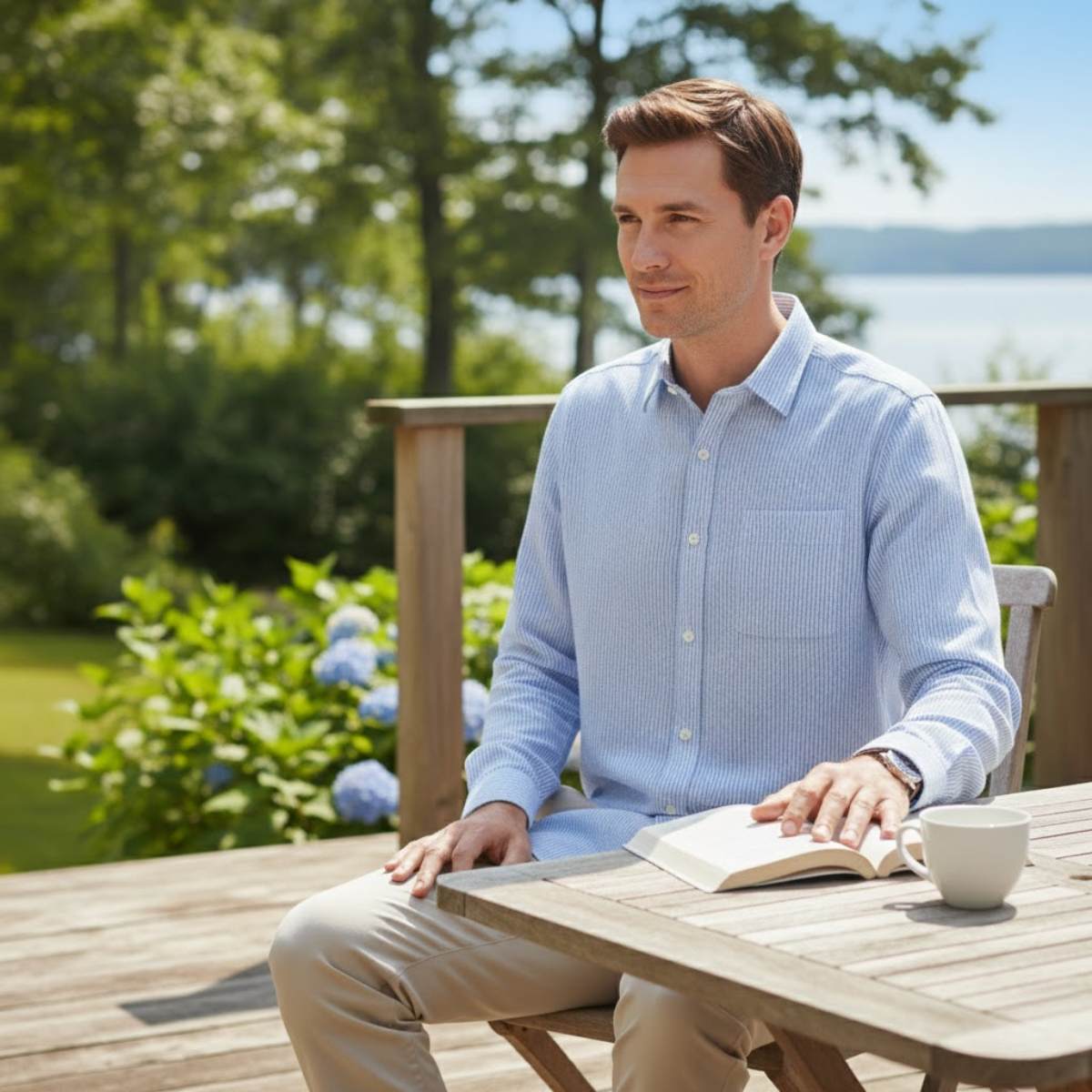 The Maplecrest Park Men’s Lightweight Blue Striped Linen Button-Up Shirt