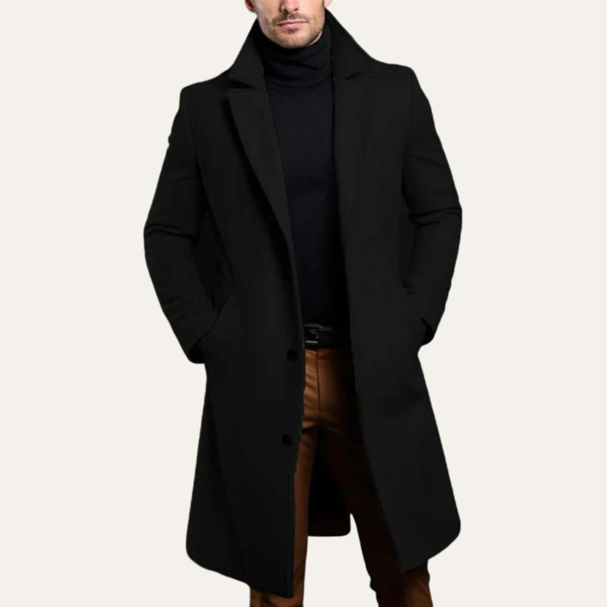 Men's Overcoat Black Wool Long Single Breasted