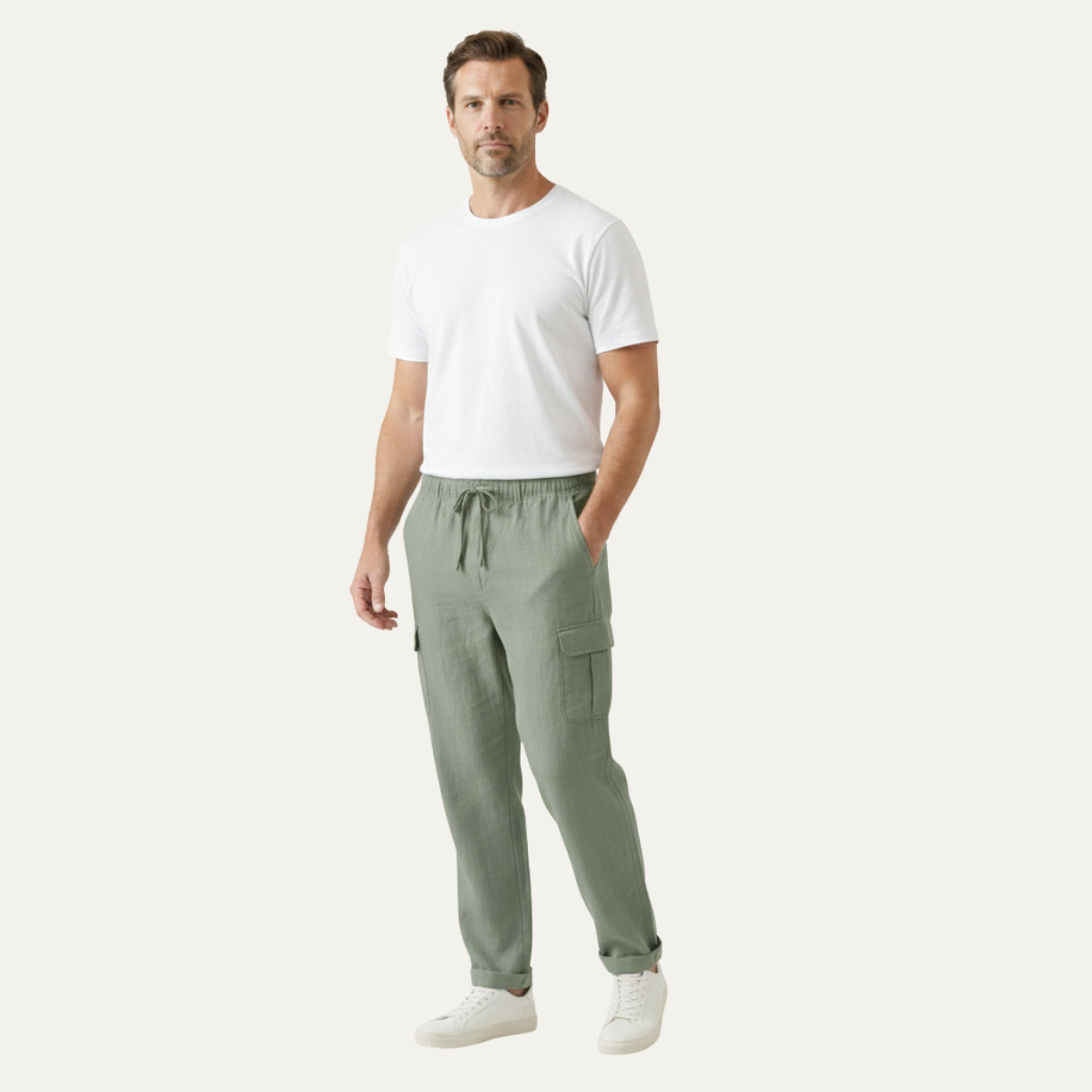 The Maplecrest Men’s Loose Fit Multi Pocket Cotton Linen Cargo Pants