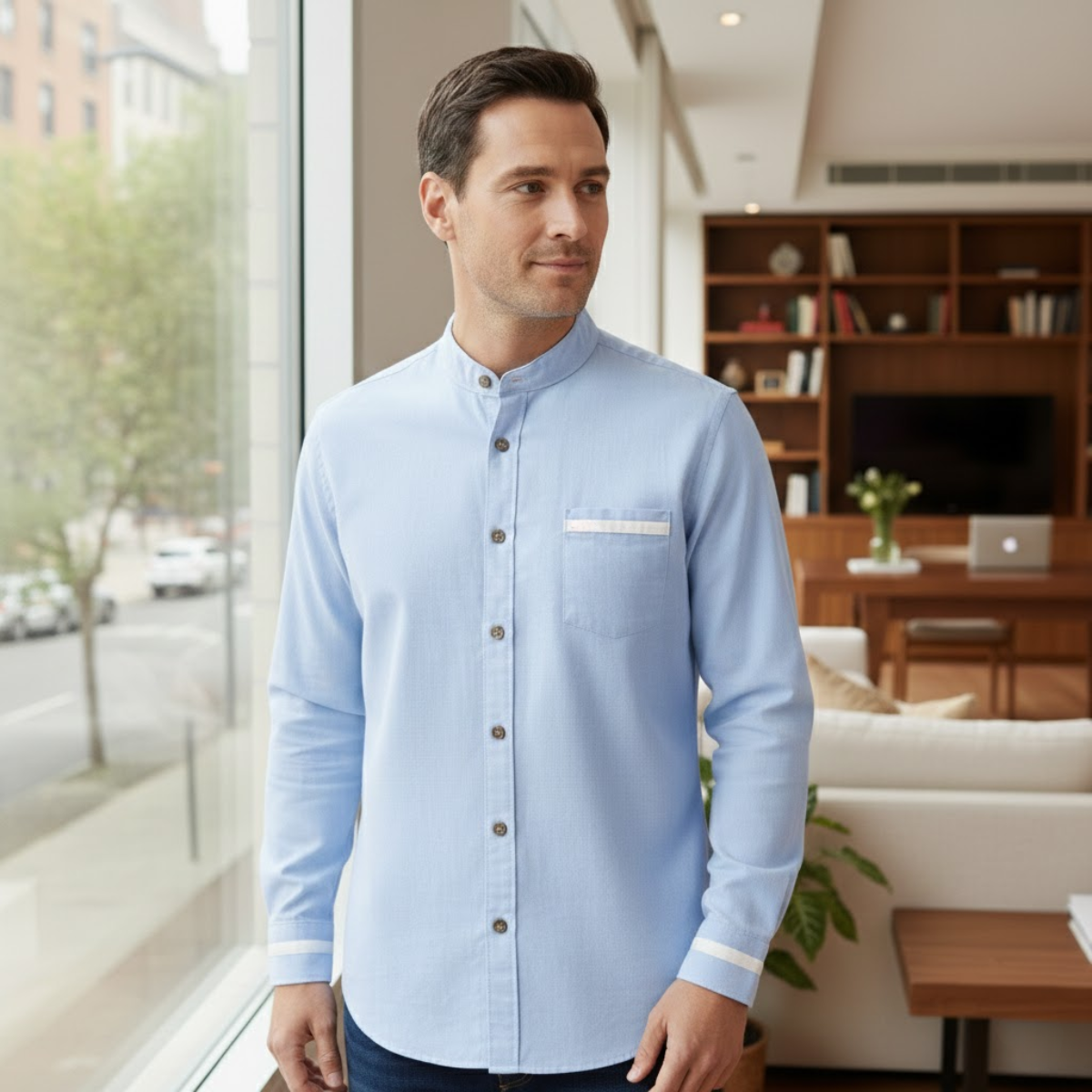 The Silverhaven Ridge Men’s Standing Collar Business Button-Up Shirt