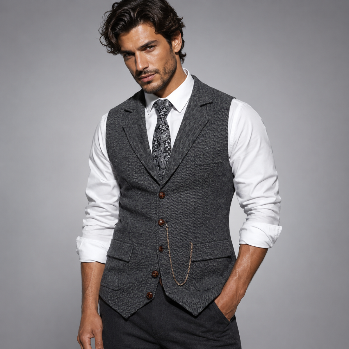 The Braga Men’s Tweed Pocket Suit Vest with Chain