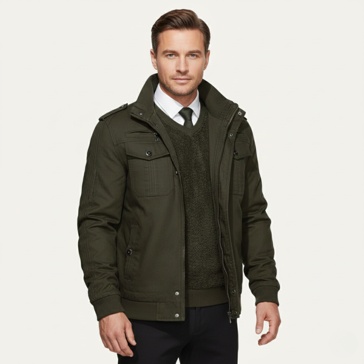 The Macerata Men’s Thermal Military Style Zip-Up Fleece Lined Jacket