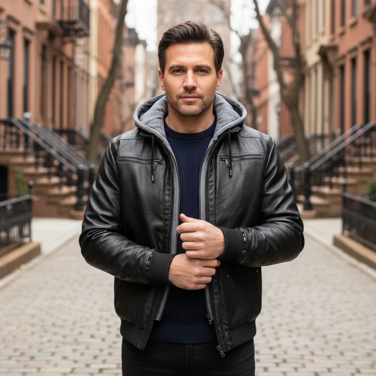 Men's Leather Jacket Black Hooded Bomber