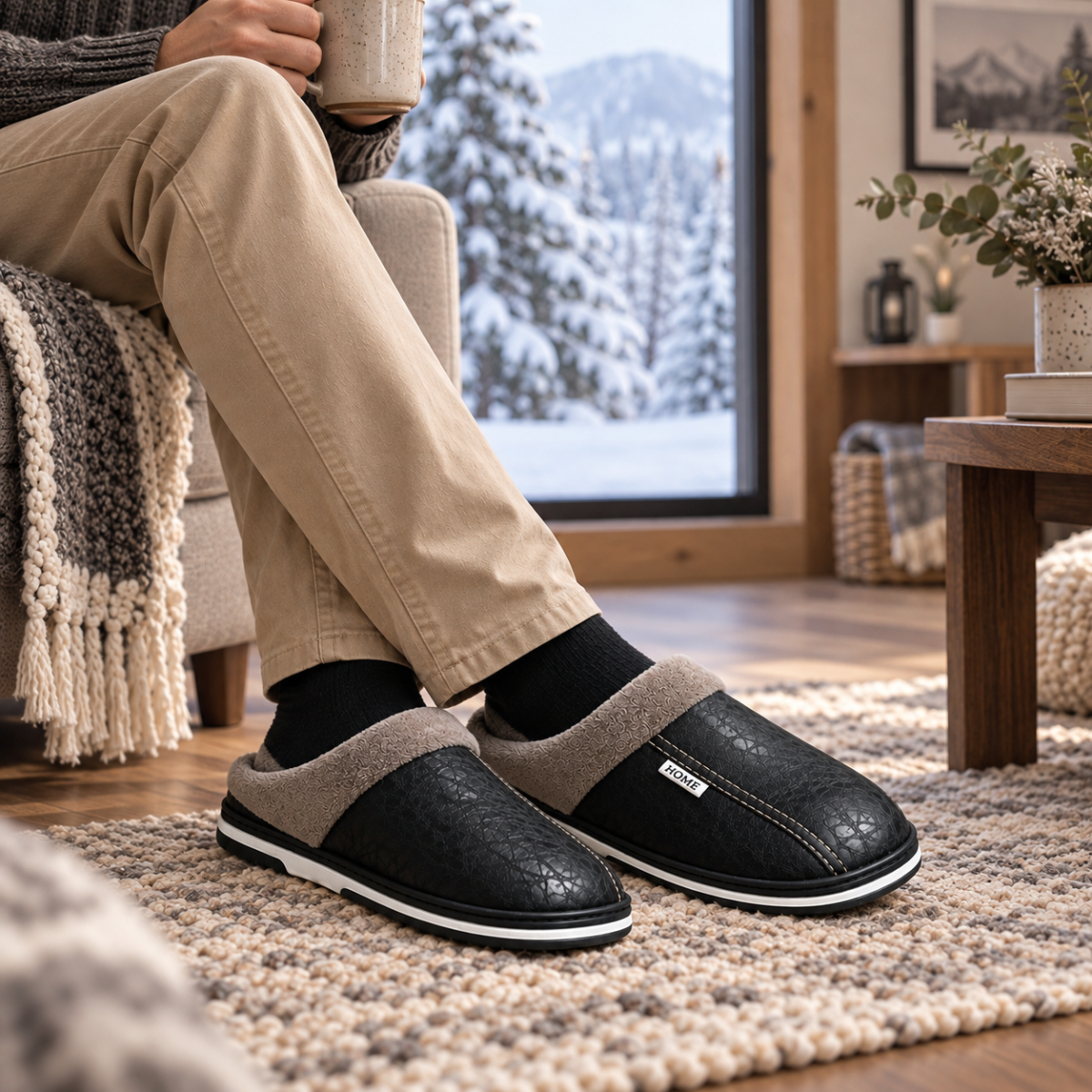 The Lampeter Men's Warm Fur Lined Leather Mule House Shoes