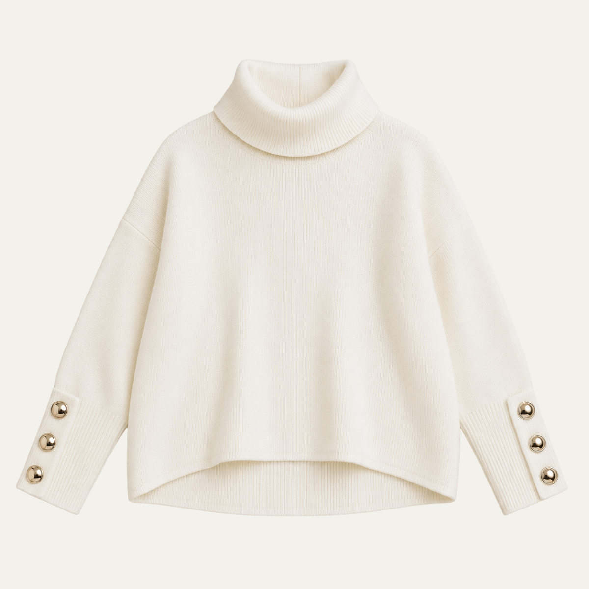 Women's High Collar Sweater with Button Detail Sleeves and Relaxed Fit