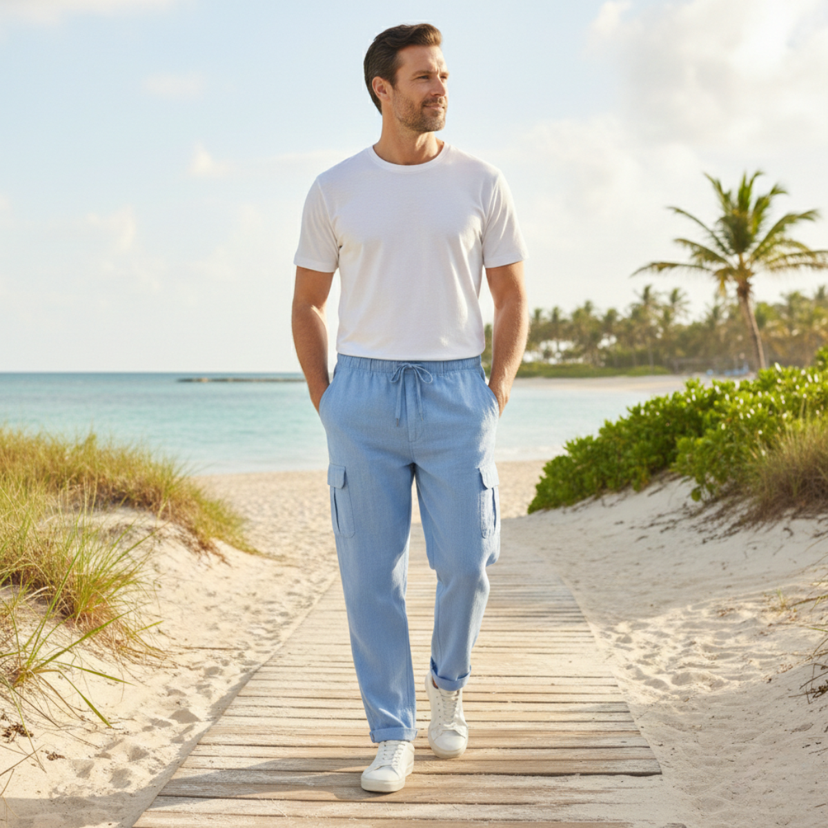 The Maplecrest Men’s Loose Fit Multi Pocket Cotton Linen Cargo Pants