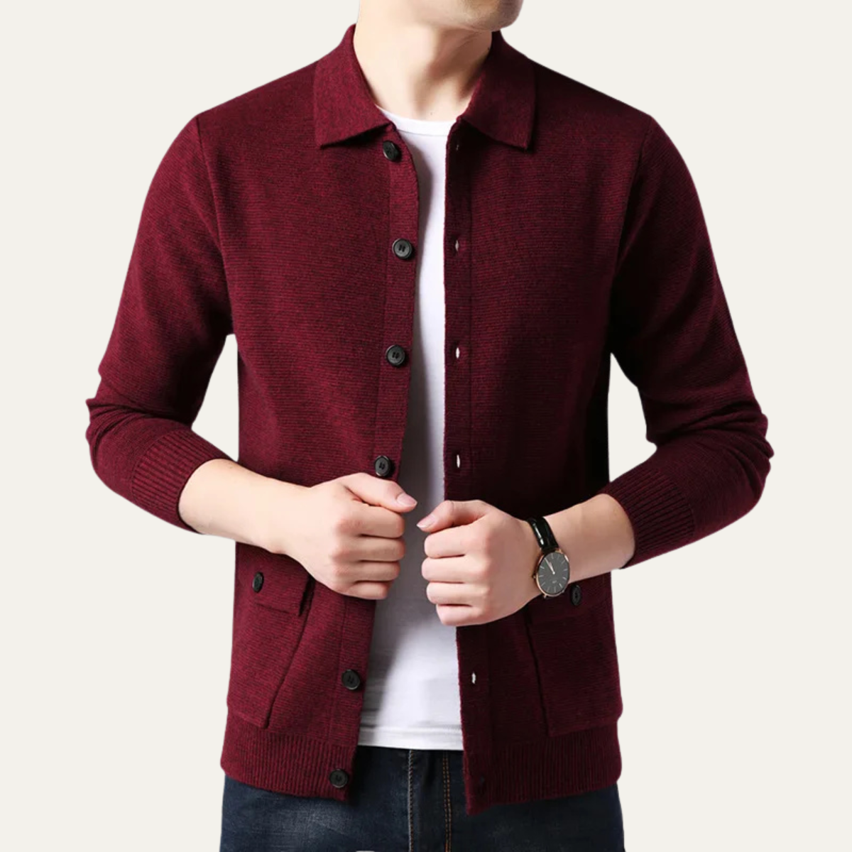 The Skye Men’s Knit Button Front Cardigan with Turn Down Collar