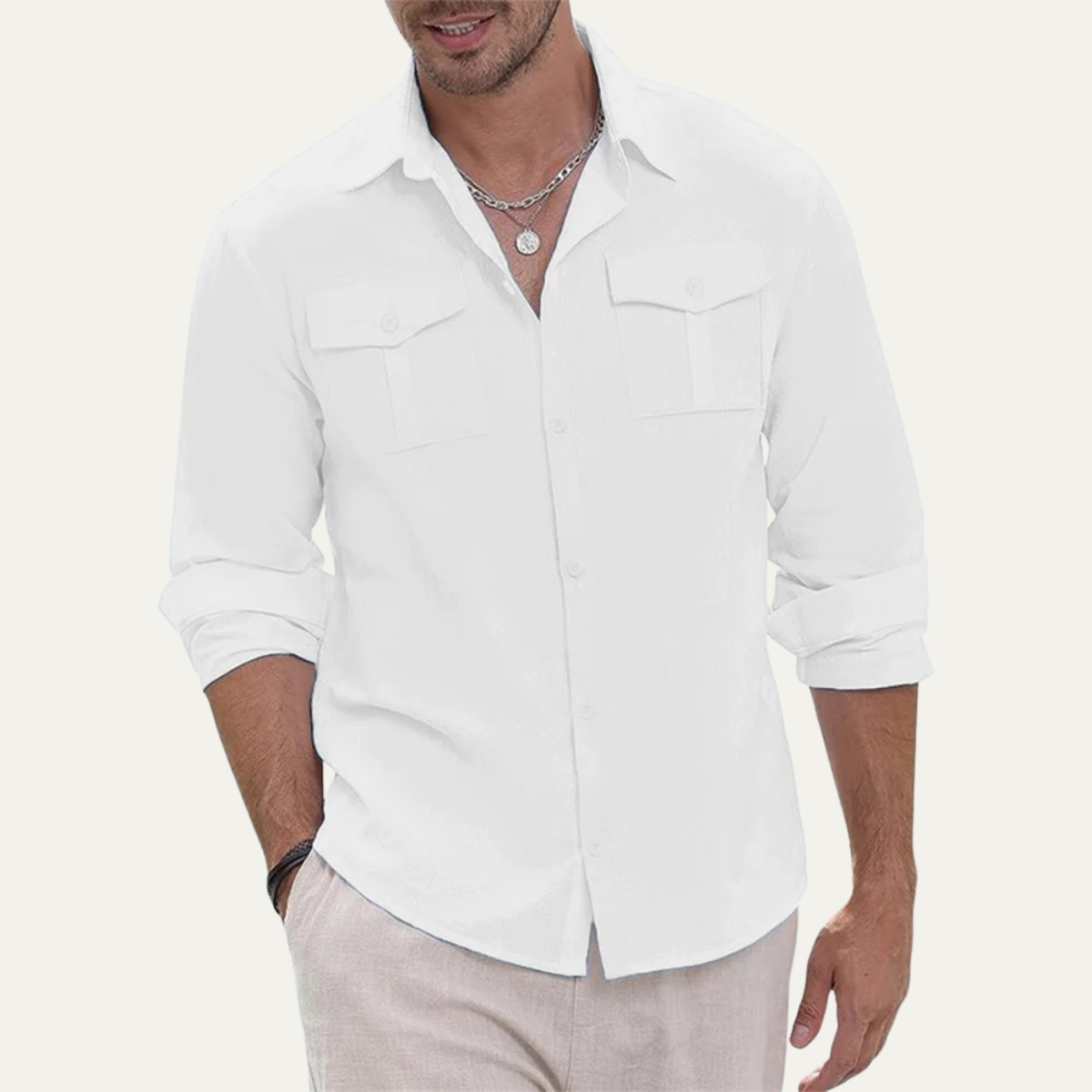 The Grosseto Men’s Collar Down Cotton Linen Double Pocket Cargo Shirt