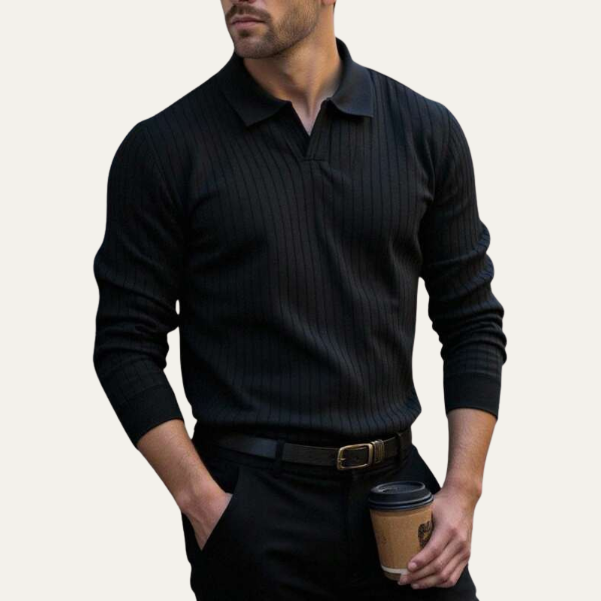 The Ironcrest Hill Men’s Casual Long Sleeve Ribbed Knit Polo Shirt