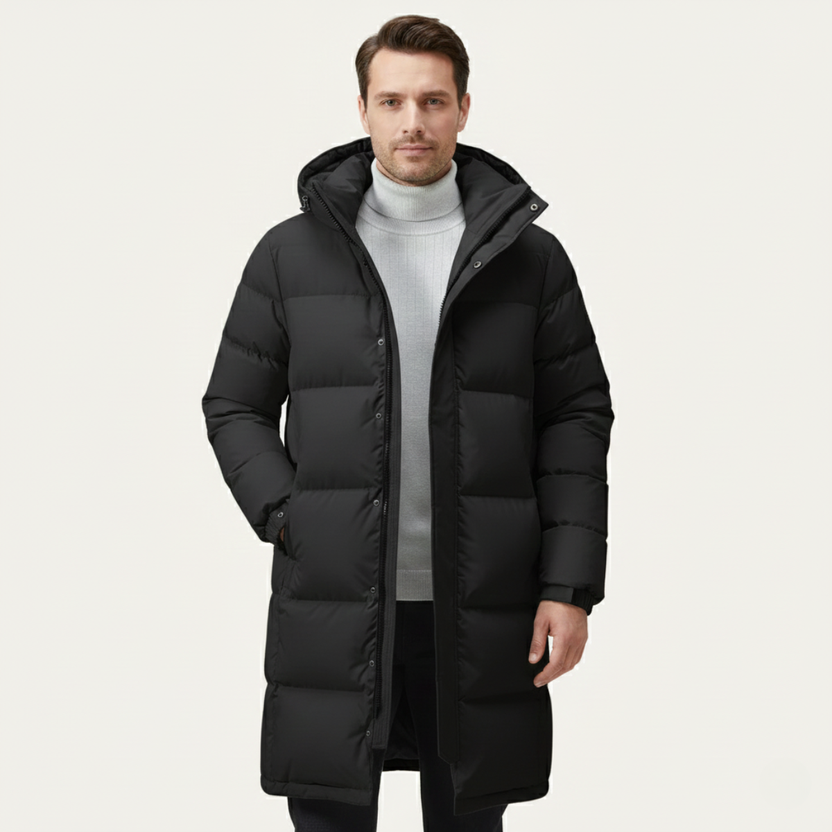 The Westminster Men’s Hooded Longline Black Puffer Coat