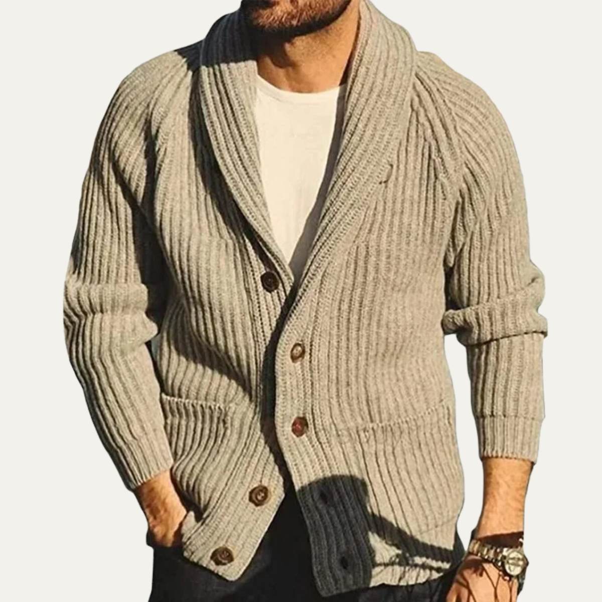 The Timberwood Men's Button Up Khaki Knit Shawl Collar Cardigan