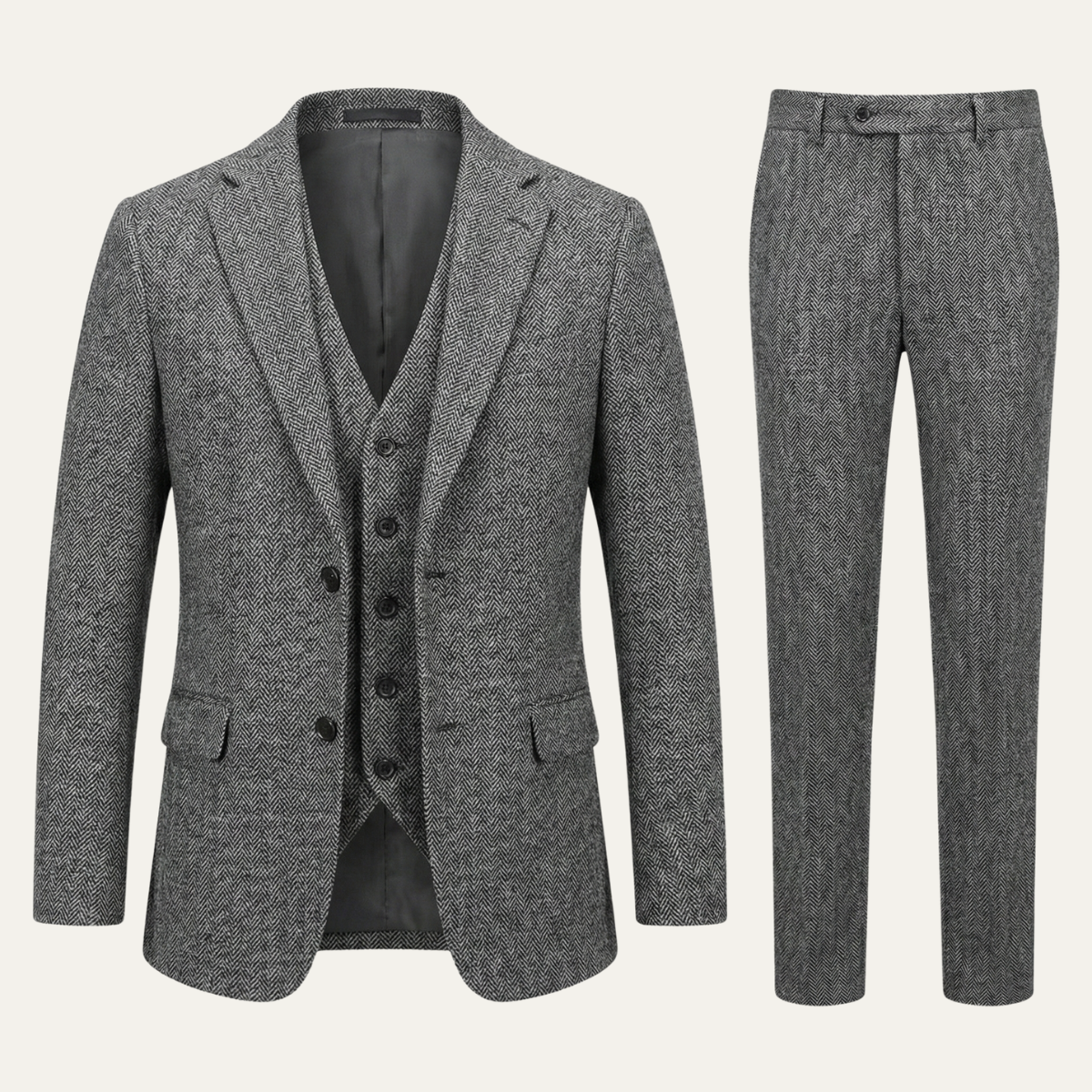 The Norwood Men’s Tweed 3 Piece Suit – Slim Fit Herringbone Jacket, Vest & Pants