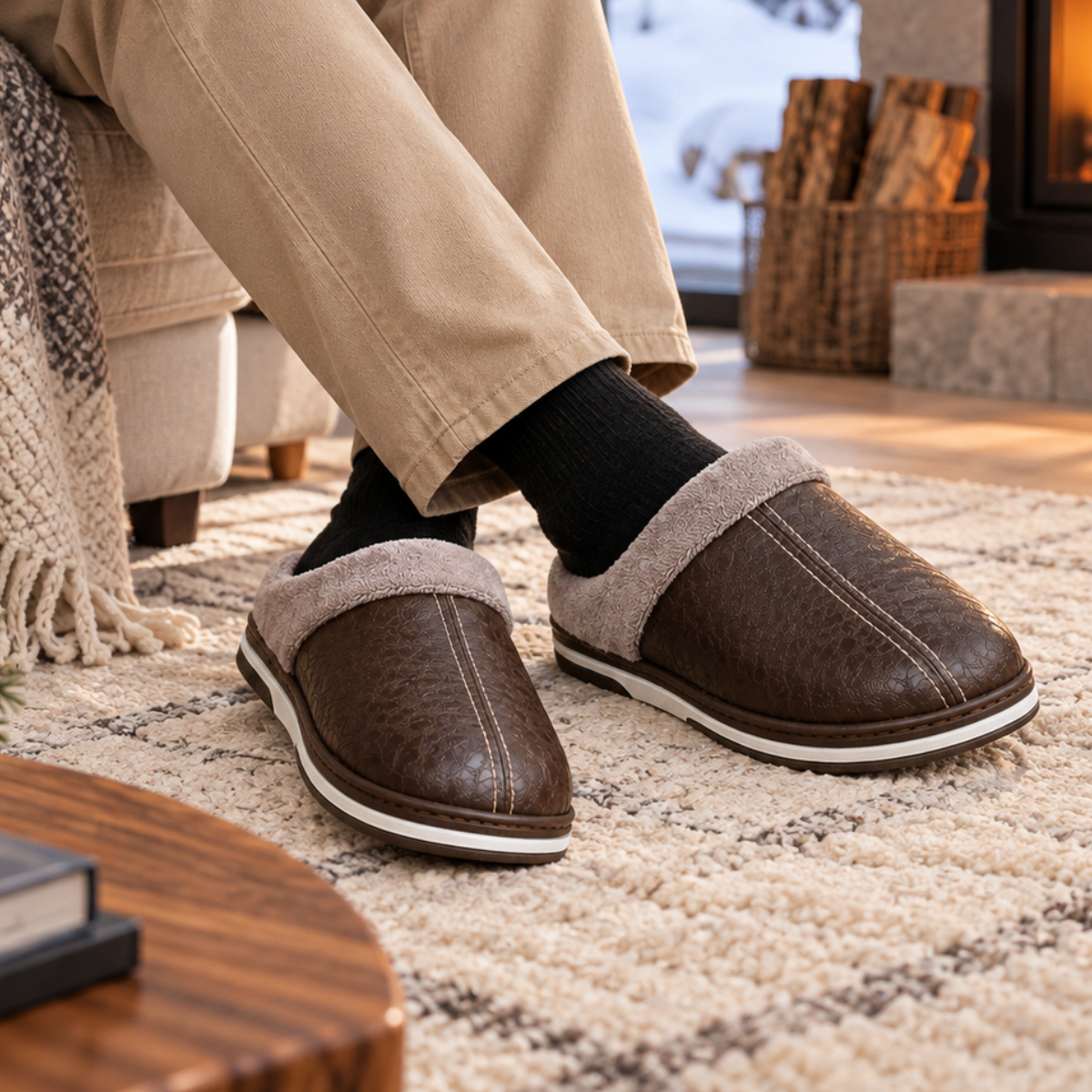 The Lampeter Men's Warm Fur Lined Leather Mule House Shoes