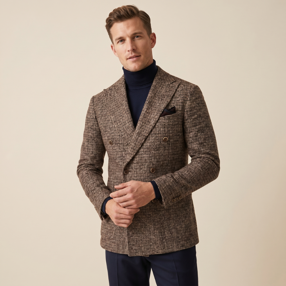 Men's Herringbone Tweed Suit Beige Double Breasted