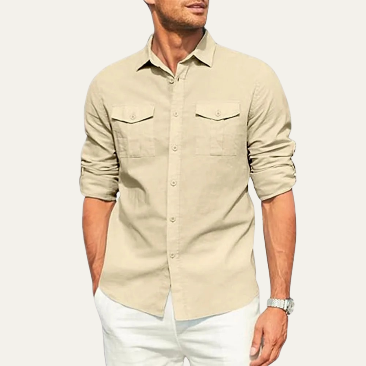The Riccione Men’s Cotton Linen Double Pocket Button Up Cargo Shirt