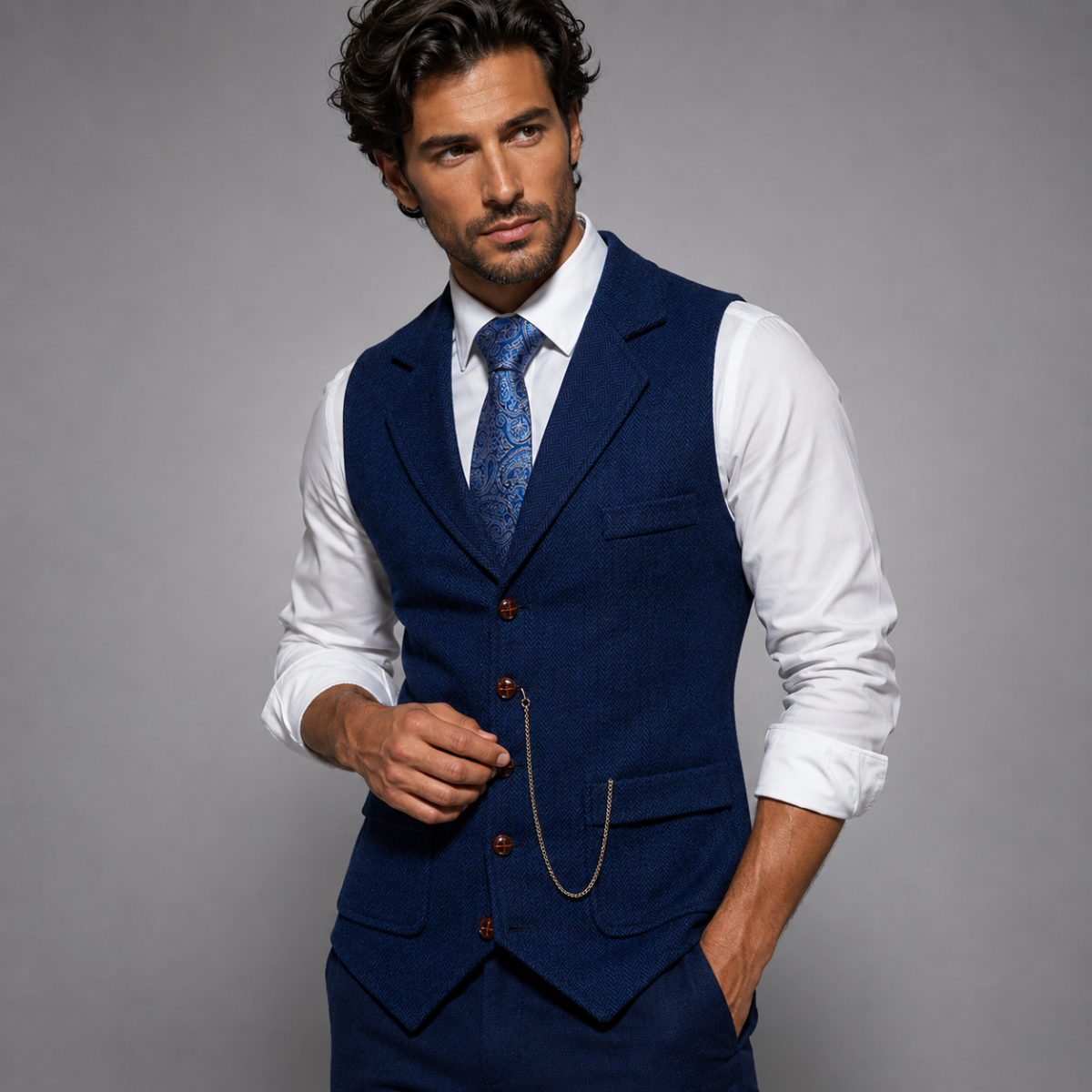 The Braga Men’s Tweed Pocket Suit Vest with Chain
