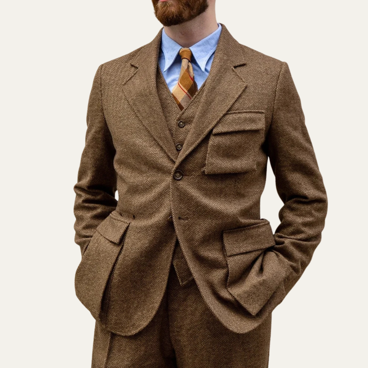 The Como Men’s Smart 3 Piece Tweed Suit – Herringbone Blazer, Waistcoat & Trousers