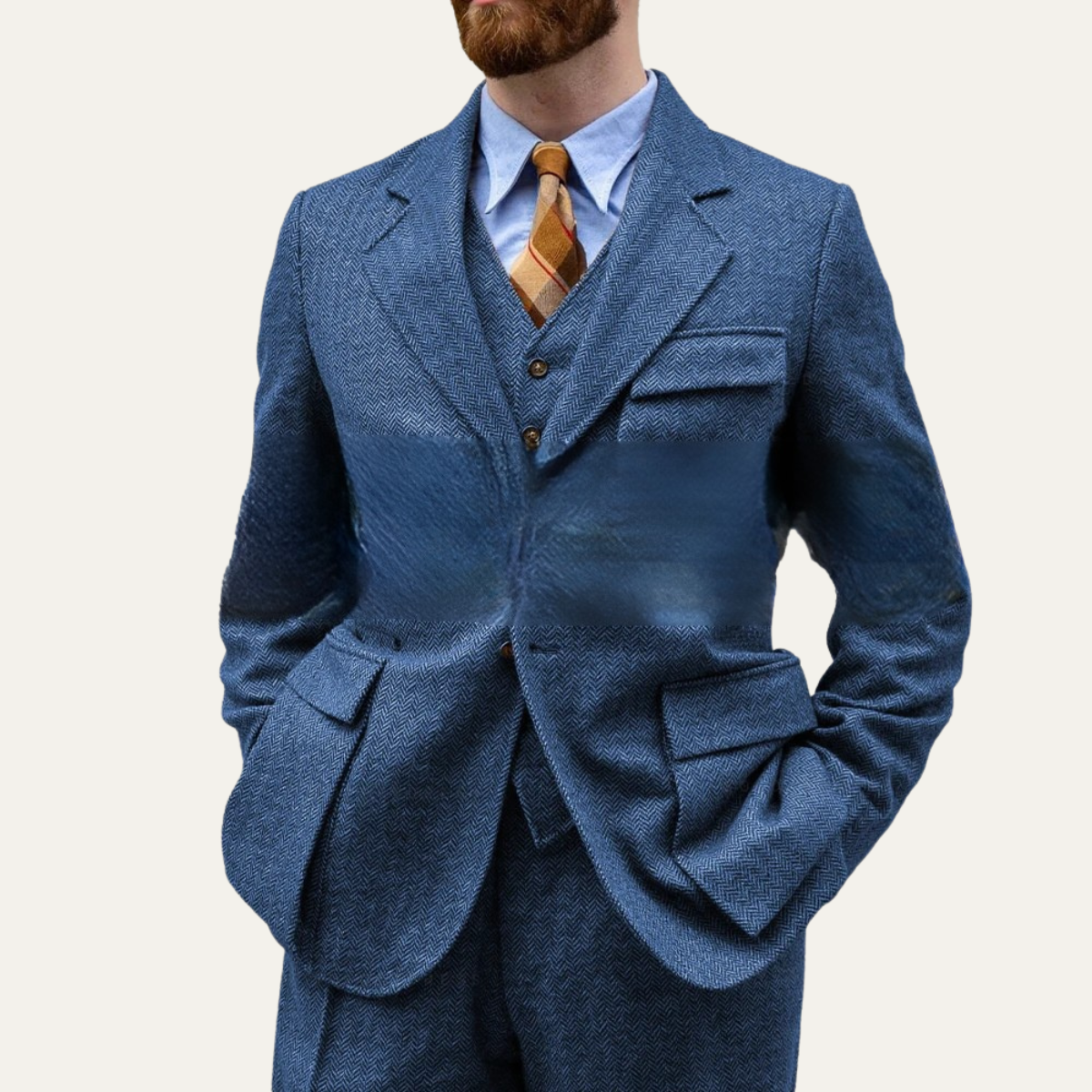 The Como Men’s Smart 3 Piece Tweed Suit – Herringbone Blazer, Waistcoat & Trousers