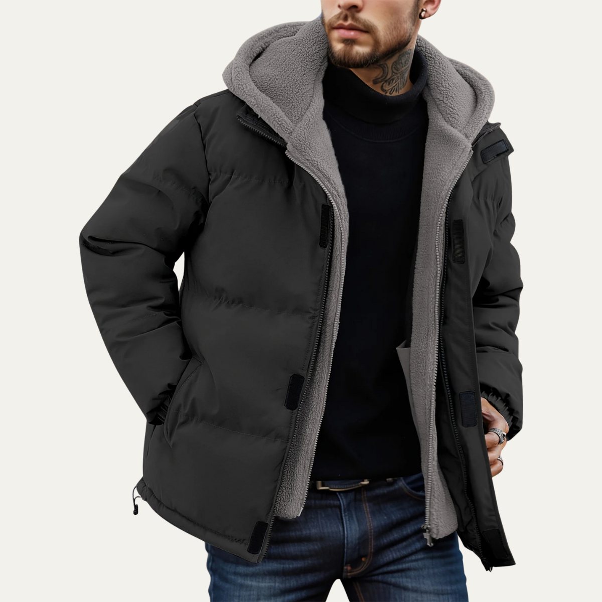 The Aviemore Men’s Hooded Zip Up Puffer Jacket with Fleece Lining Black