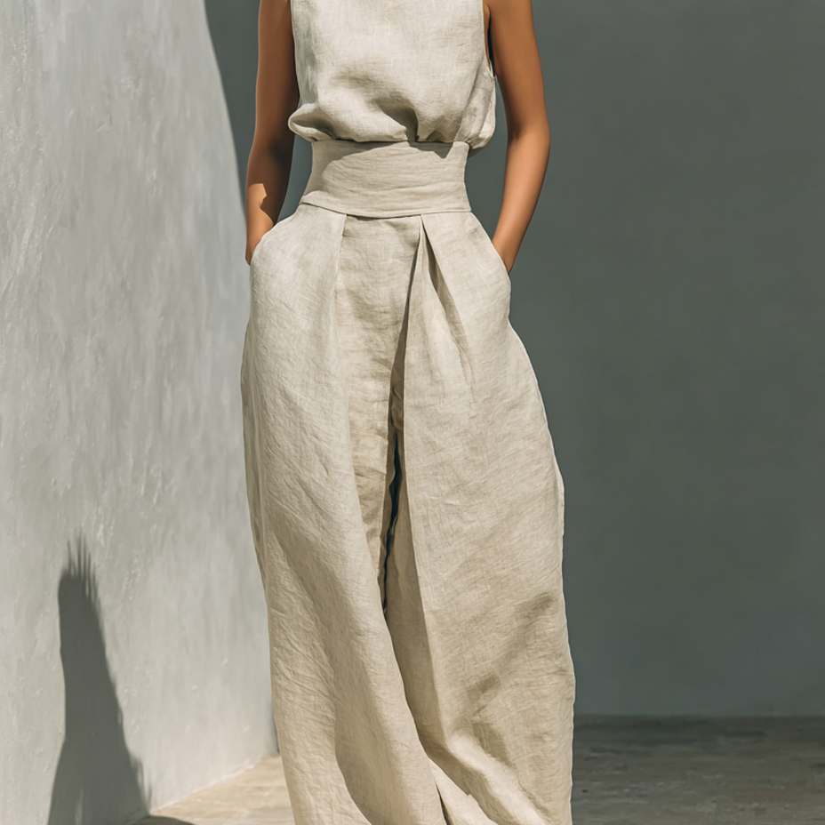 Women's Chic Sleeveless Blouse and Wide Leg Trousers Set