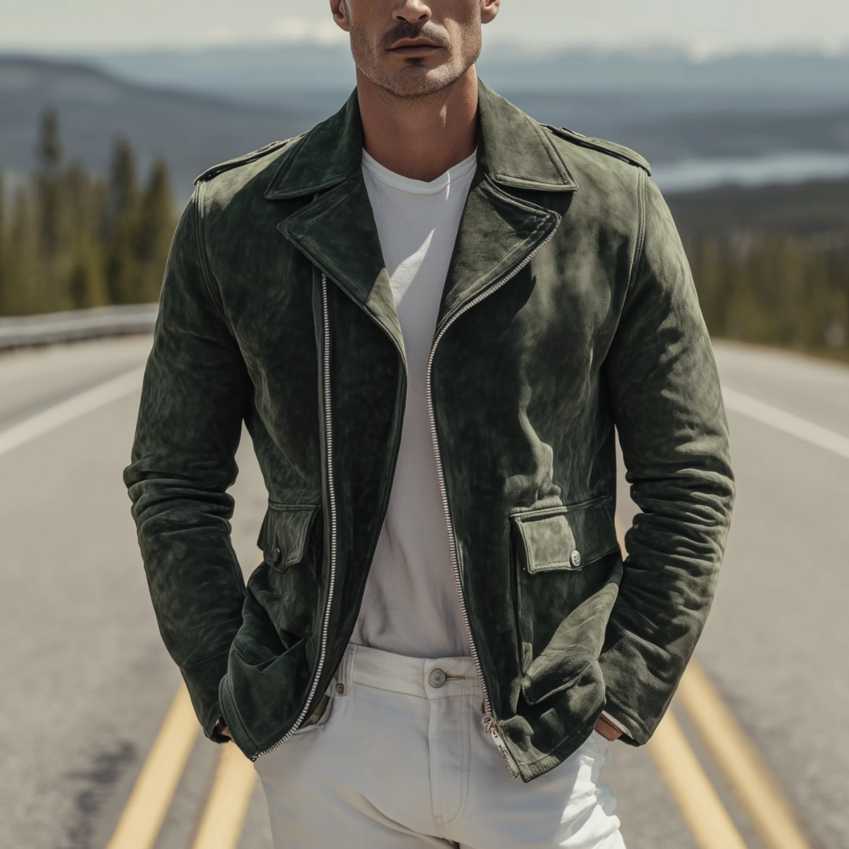 The Regent Men’s Olive Vintage Suede Biker Jacket