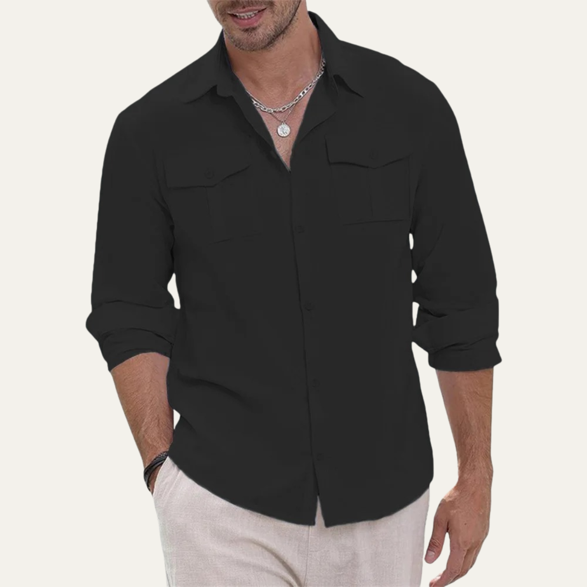 The Grosseto Men’s Collar Down Cotton Linen Double Pocket Cargo Shirt
