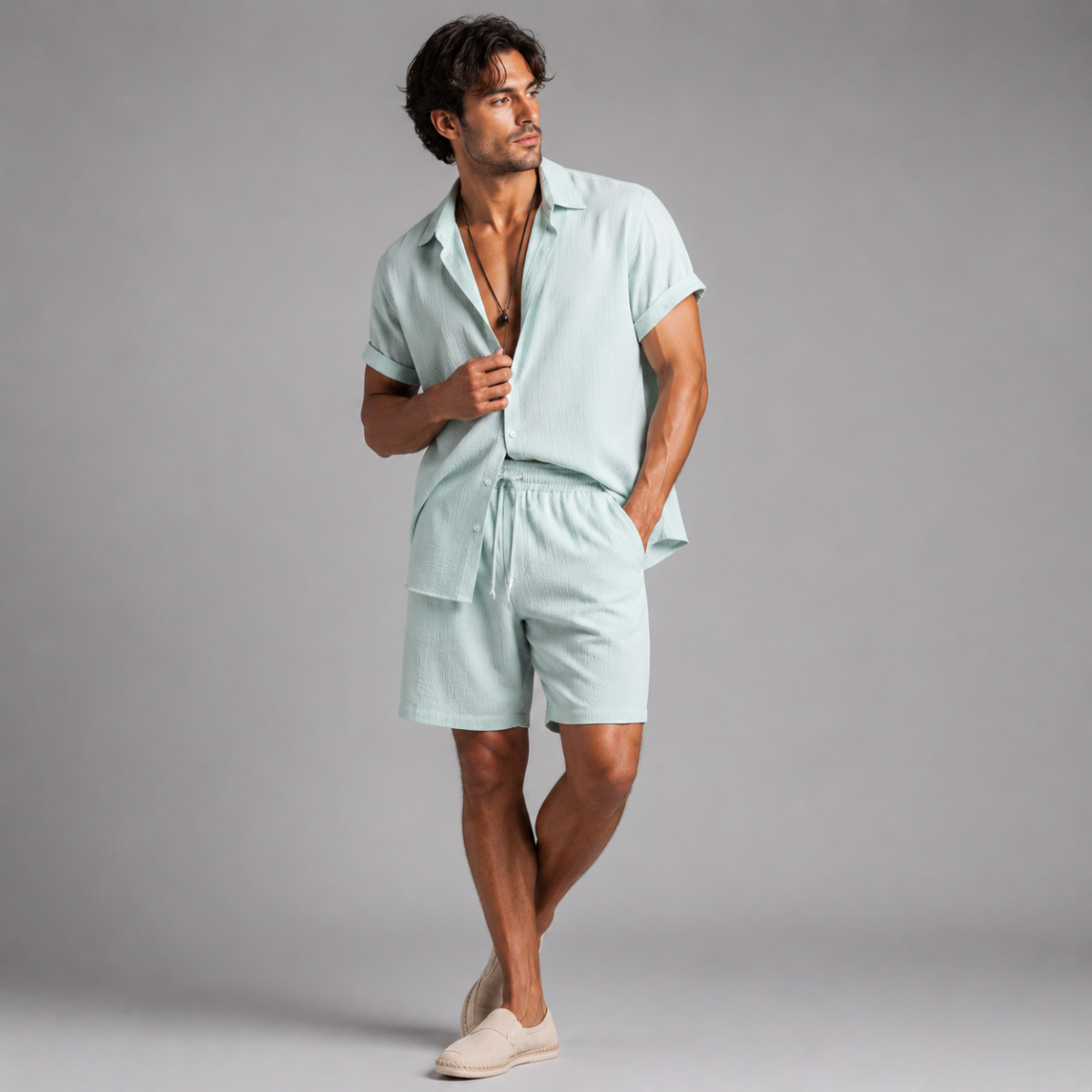 The Pinefield Men’s Summer Co-Ord Set – Button-Up Shirt & Drawstring Shorts